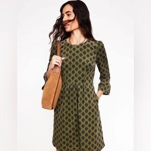 Boden Ora Short Cord Dress Olive Green Navy Blue Ruffle Bell Sleeve Size 14 Long